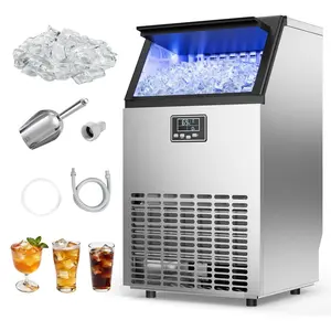Commercial Ice Maker Machine, 100 Lbs Per Day/24h Capacity, 26 Lbs Storage, Built-In, Freestanding, Or Under-Counter Installation, Stainless Steel Ice Maker With LED Display, Self-Cleaning, Ideal For Home Bar And Restaurant