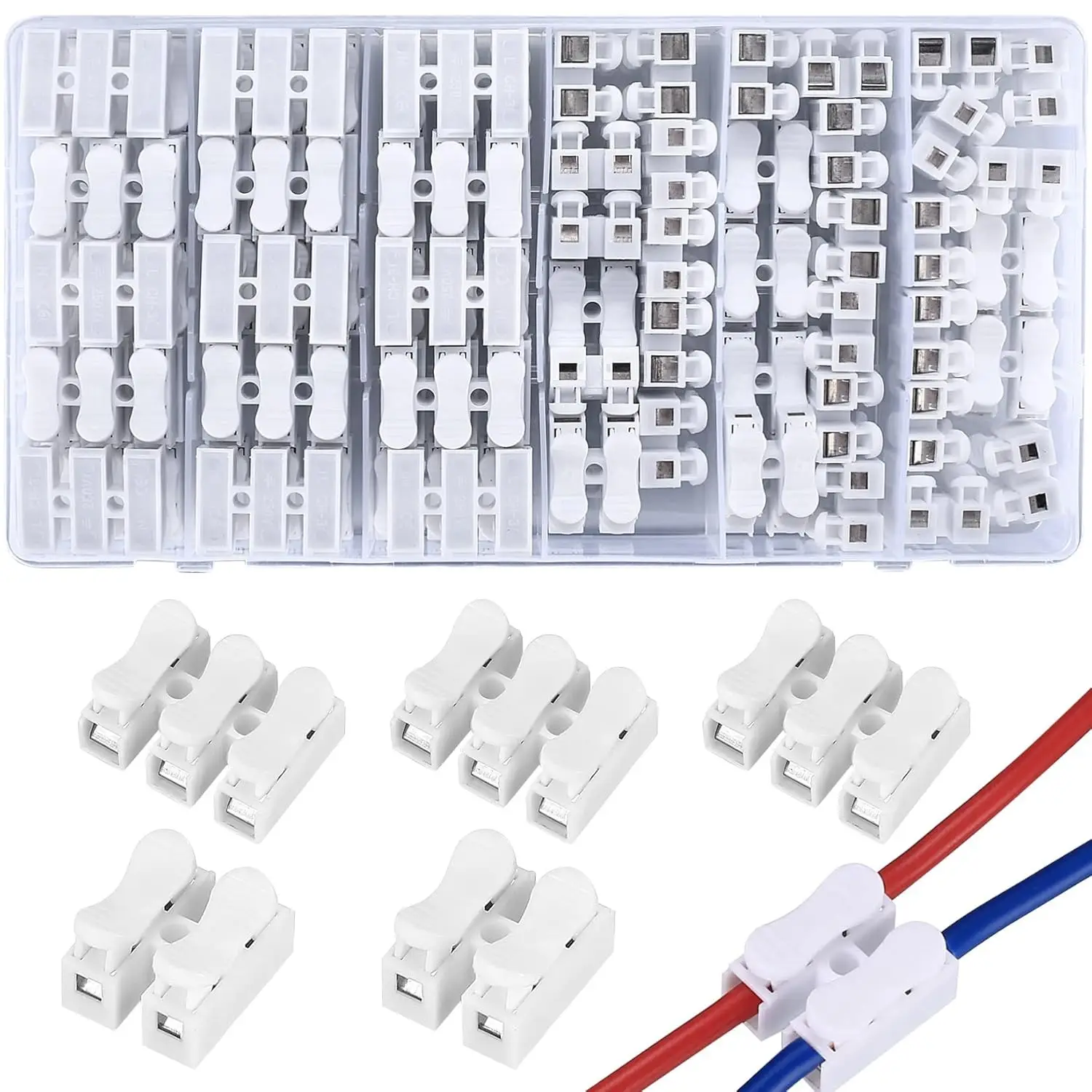 65/100 Pcs Spring Wire Connectors, Spring Clamp Terminal Cable Clamp Connector, CH-2 Electrical Cable Connectors Block, 2 Pin Push-in Quick Terminal W