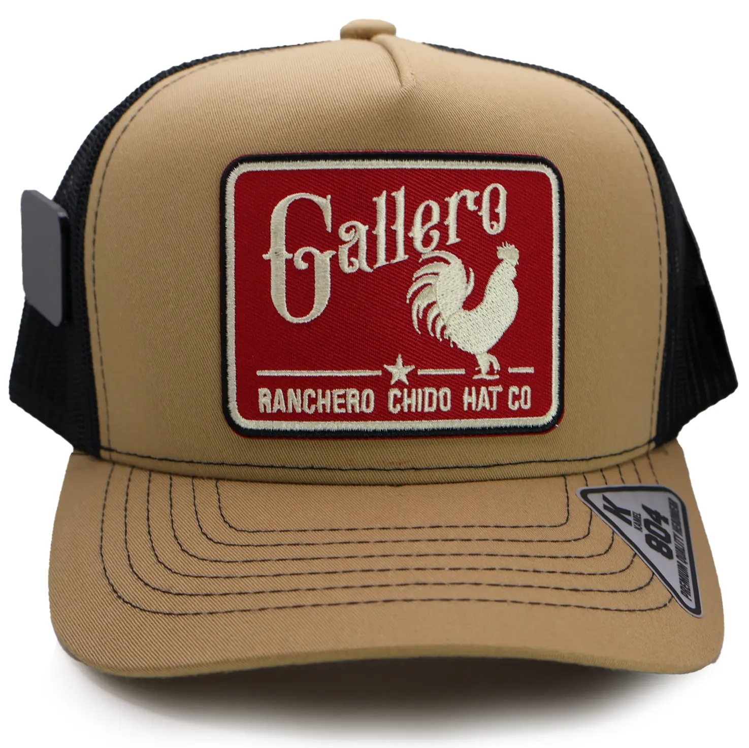 Gallero Embroidered Patch Trucker Hat | Khaki & Black Mesh | Western Mexican Style Cap | Ranchero Chido Brand