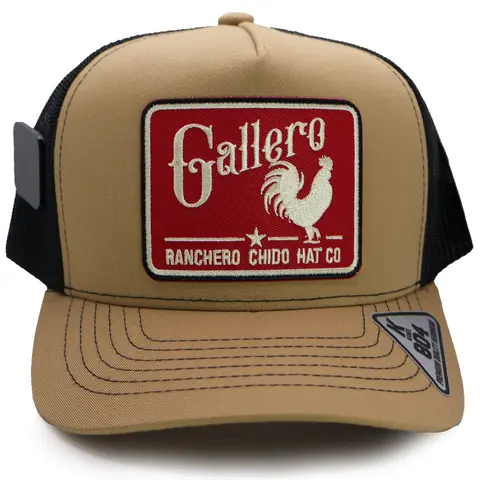 Gallero Embroidered Patch Trucker Hat | Khaki & Black Mesh | Black on red undertone| Western Mexican Style Cap | Ranchero Chido Brand