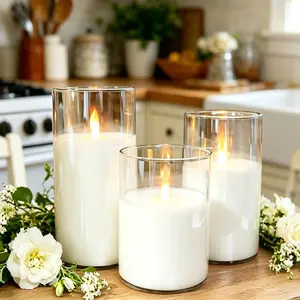 3-piece set of flameless fading candles with remote control, glass battery-operated candles with timer, real wax glass LED candles, flickering, suitable for weddings, home, parties, Christmas