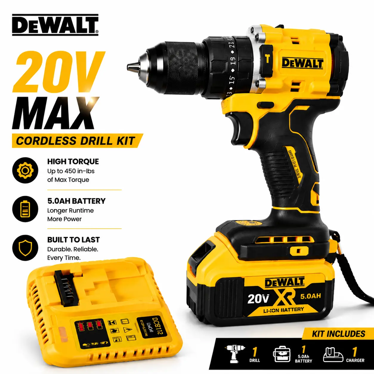 []DEWALT Yellow Cordless Drill Set, High Torque Drilling & Screw Driving, Durable Metal Gear + Strong Plastic Housing, Powerful Performance with Long Battery Life Lightweight Design, Trending DIY Power Tool Kit, Home Repair Garage Workshop Projects