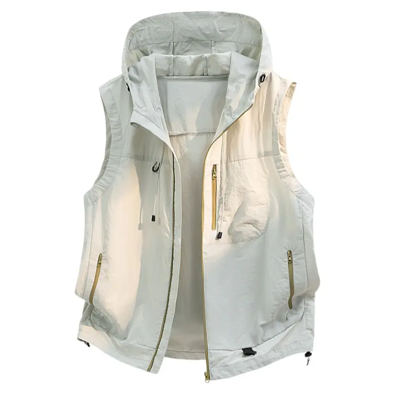 Men's Loose Fit Hooded Vest, Stylish Sleeveless Activewear with Zip Pockets, Quick-Dry Breathable Menswear for Summer, Workwear, Zip-Up Pocket Waistcoats & Gilets, Zipper, Outdoor, Tops, Sportswear, Quick-Dry Fabric, H Type, Sporty Chic