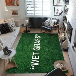 "WET GRASS" Green Flannel Area Rug - Off-White Inspired Text Print Soft Mat for Living Room & Bedroom, Non-Slip Streetwear Home Decor #WetGrassRug #OffWhiteInspiredMat #StreetwearHomeDecor #GreenTextCarpet #NonSlipFlannelRug