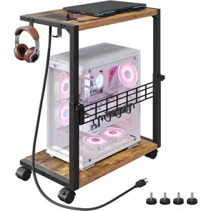 PC Stand with  Station, Height Adjustable  Tower Stand, 19.7"-31.5" H,  Cart with Wheels and Hooks, CPU Holder for Floor, Carpet and Under Desk, Rustic Brown