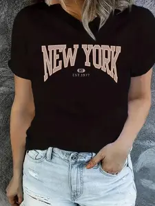 Women's Letter Print Round Neck Tee, Casual Short Sleeve Crew Neck T-Shirt for Summer, Fashion Women's Top for Daily Wear