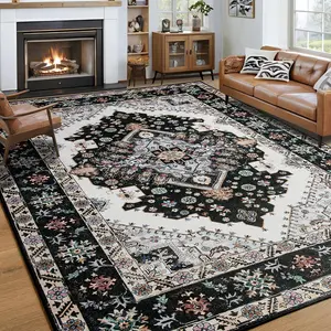 RUNIA Vintage Area Rug Boho Style Chenille Indoor Non-Slip Carpet for Living Room, Bedroom, Thin Machine Washable Rug for Dining Room Floral Floor Mat with Soft TPR Backing