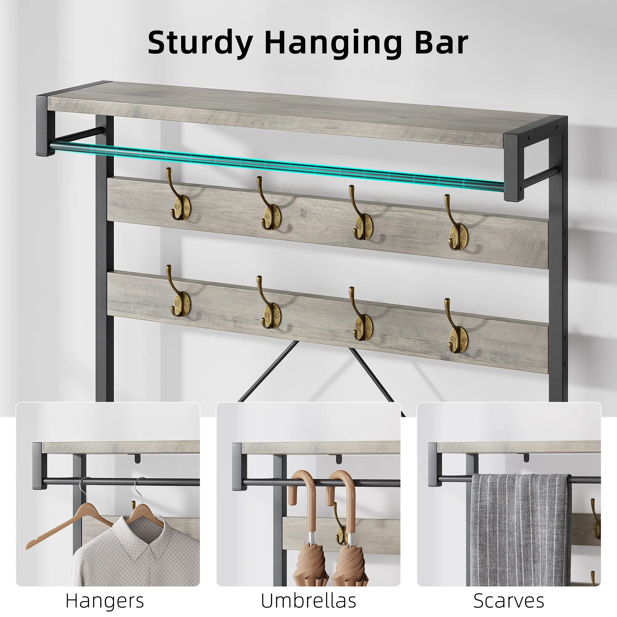 Heavy Duty Industrial Entryway Organizer with Coat Rack and Shoe Storage, Multi Hook Hall Tree for Mudroom or Bedroom