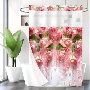 floral pattern shower curtain, waterproof shower curtain with 12pcs hooks, bathroom decor supplies for home hotel salon dormitory