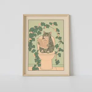 Gray Tabby Cat On Toilet Print, Japanese Bathroom Wall Art, Cat Art, Japandi Art, Relaxing Poster, Japanese Wall Decor, Bathroom Decor