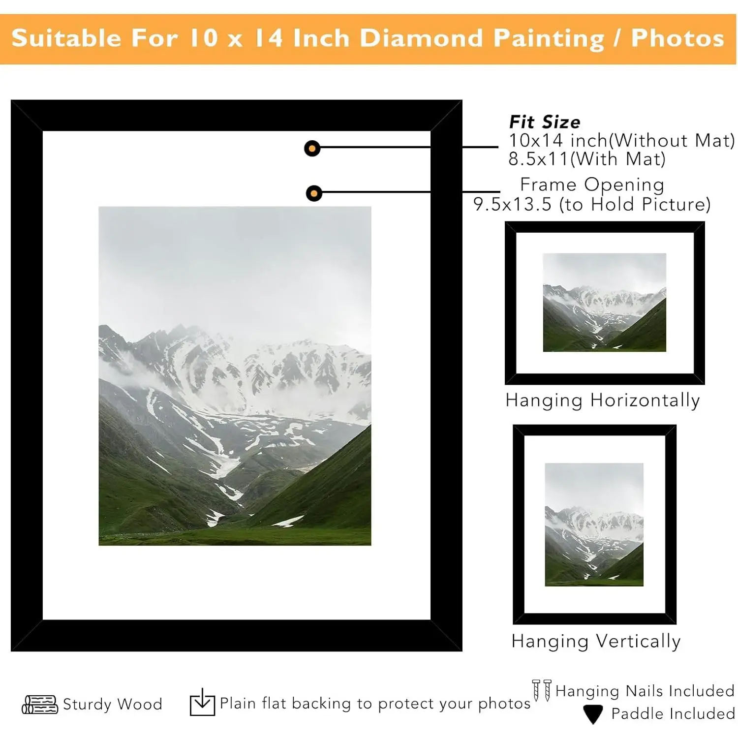 10x14 Picture Frame Black for 30 x 40cm Diamond Art Painting, 10x14 Frame with 8.5x11 Mat for Wall Mounting, Wood 10 by 14 Frame 30x40 Frame with Shatter-Resistant Plexiglass, Black, 1 Pack