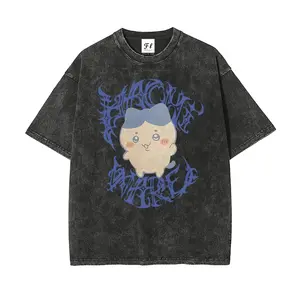 Chiikawa Apparel, Anime Washed Crew Neck T-Shirt, Hachiko Short-Sleeve Cat T-Shirt Crewneck Streetwear