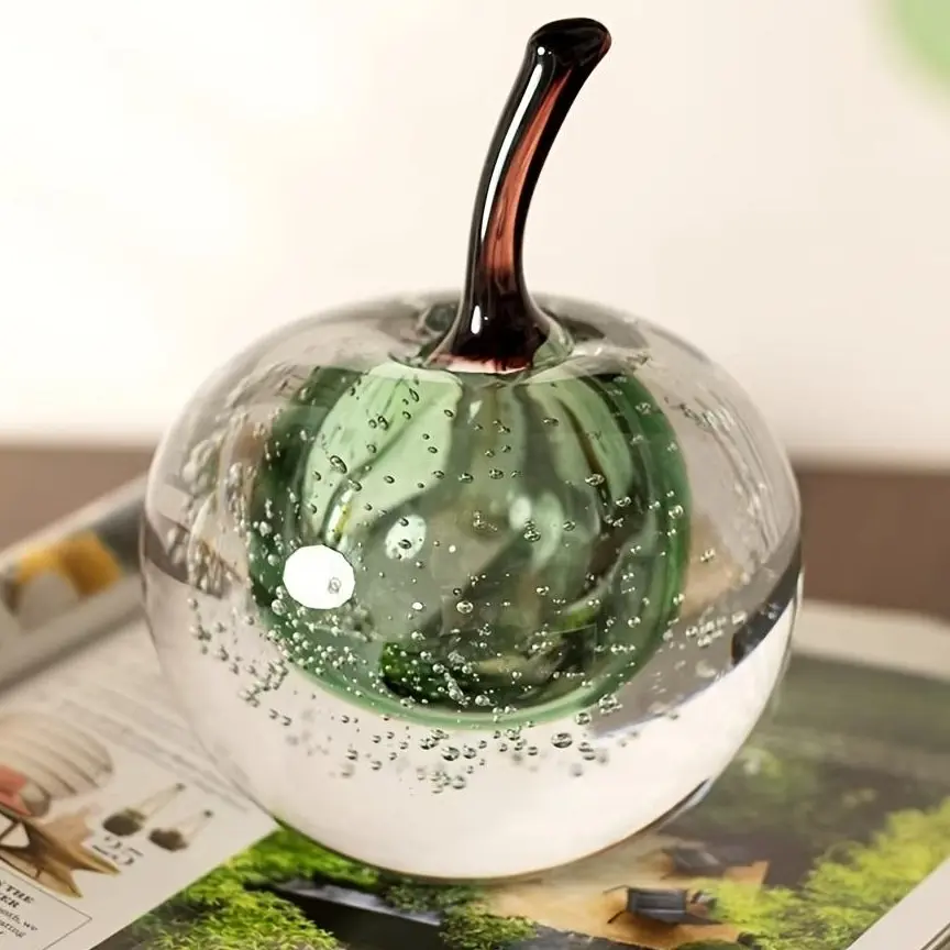 Light Luxury Green Glaze Crystal Apple Paperweight, Handmade Crystal Peace Fruit Decor Ornament, Soft Furnishing Gift for Study & Entryway