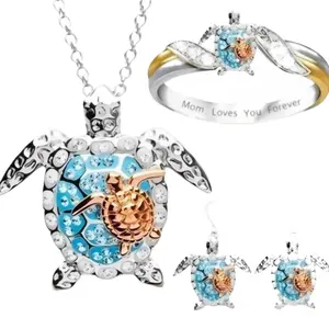 EJG turtle jewelry set, 925 sterling silver, zircon setting, hypoallergenic, stackable, nautical-inspired grandmother style, perfect Christmas gift.
