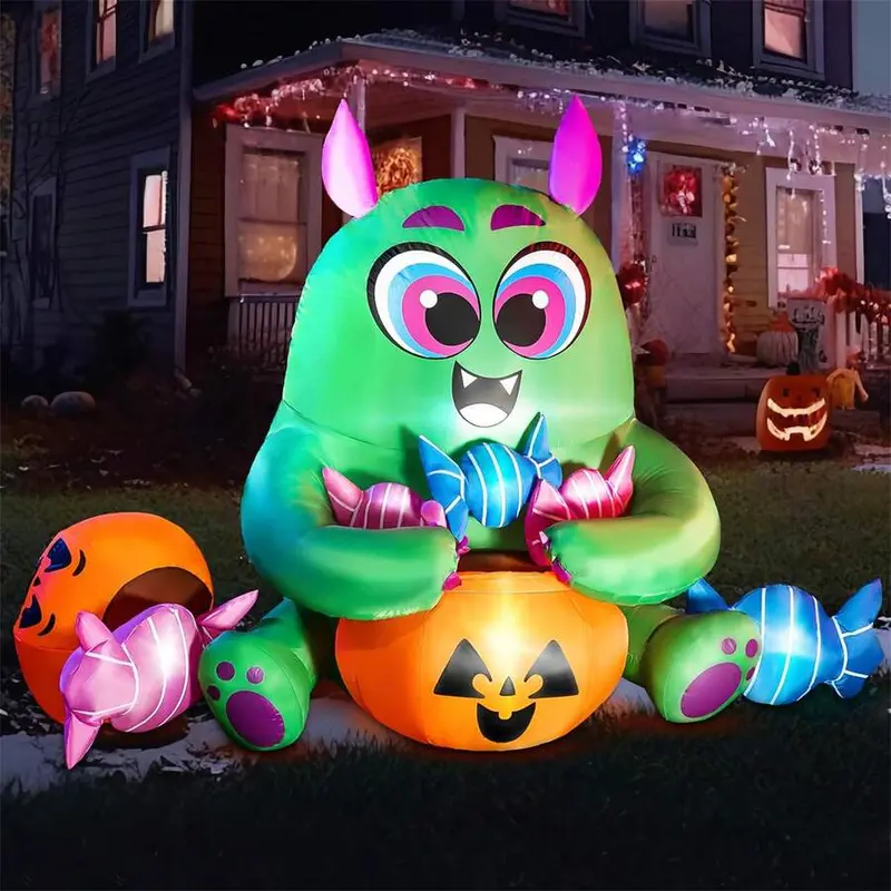 5 Feet Long Halloween Inflatable Monster Candy with Pumpkin Yard Decoration Built-in LED Lights Toy Suitable for Party Indoor, Outdoor, Yard, Garden, Lawn bats decor Witch Cauldron Aromatherapy Santa Claus Tree Costume decoradoras de eventos spider web