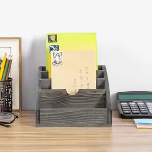 Decorative Rustic Gray Mail Sorter/Office Desk Stationary Organizer, 4 Compartment Mail Sorter