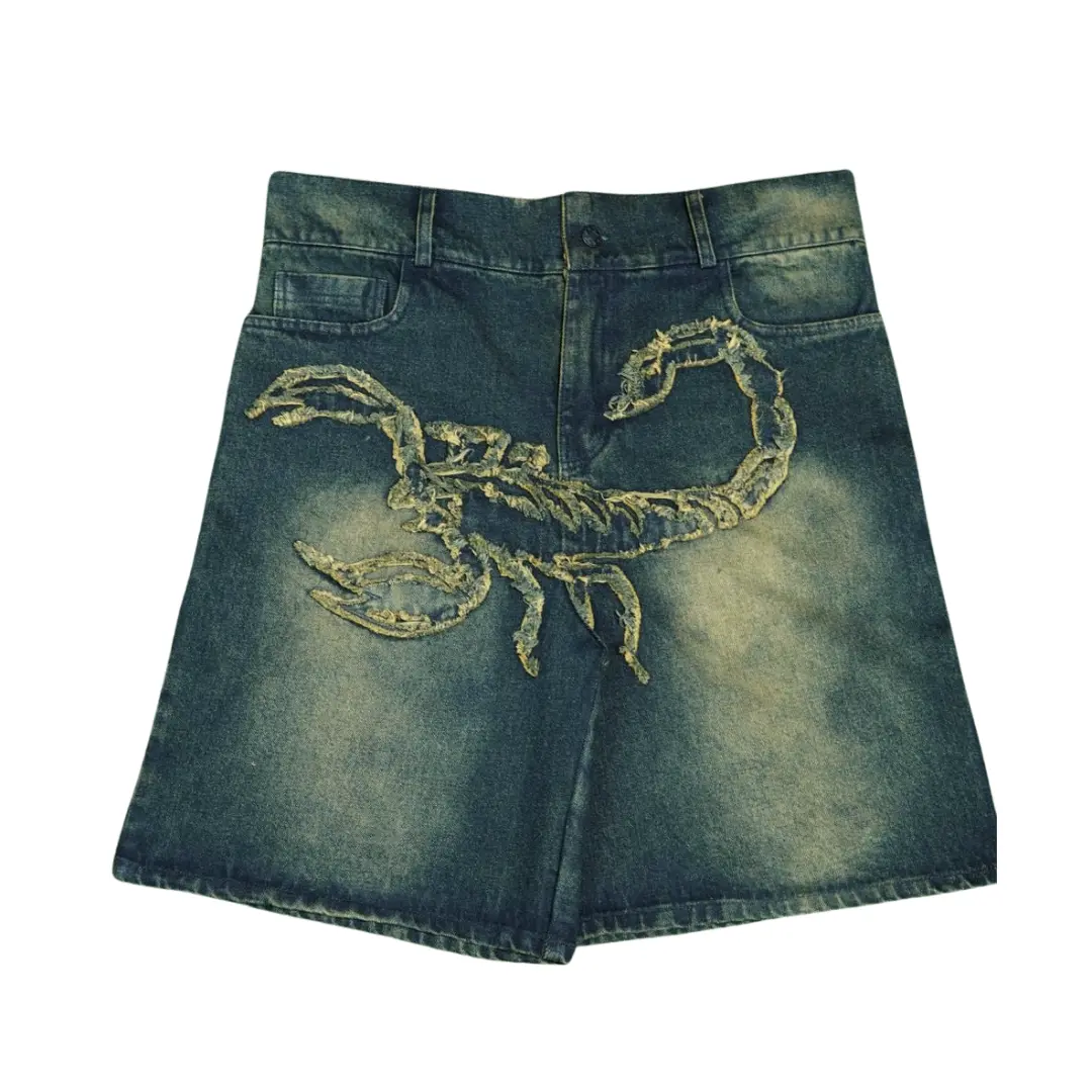 Phantom Troupe Jorts Menswear Rock Y2K Fitted Denim Shorts with Scorpion Embroidery Acid Washed Mid Waist Knee Length Summer Pants Fashion Distressed