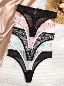 Spring New 5-Piece Set Semi-Transparent Breathable Thin Lightweight Leopard Print Mesh Thongs for Women, Natural Waist, All Seasons, Panties, Underwear, Fit