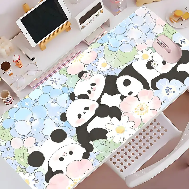Cute Panda Floral XXL Extended Gaming Mouse Pad, Kawaii Pastel Desk Mat with Anti-Slip Backing, Large Gaming Keyboard Pad, Panda Lover Desk Accessory Gift