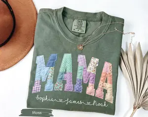 Personalized Mama Faux Patchwork Shirt With Kids Names, Floral Mom Shirt Personalized, Mothers Day Gift Shirt For Mama, Gift For Mom Shirt