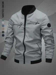 Men's Regular Fit Letter Embroidery Zip Up Bomber Jacket, Casual Long Sleeve Windproof Baseball Collar Outerwear for Fall & Winter, Men's Clothes for Daily Wear, Jackets for Men, Coat