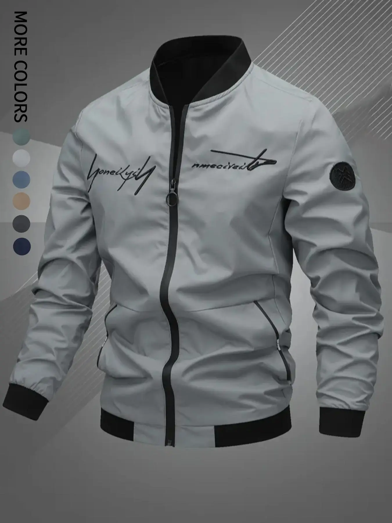 Men's Regular Fit Letter Embroidery Zip Up Bomber Jacket, Casual Long Sleeve Windproof Baseball Collar Outerwear for Fall & Winter, Men's Clothes for