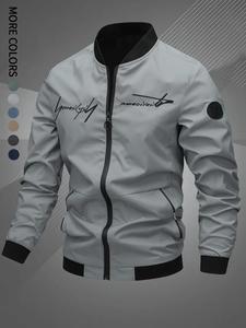 men's regular fit letter embroidery zip up bomber jacket, casual long sleeve windproof baseball collar outerwear for fall & winter, men's clothes for daily wear, jackets for men, coat