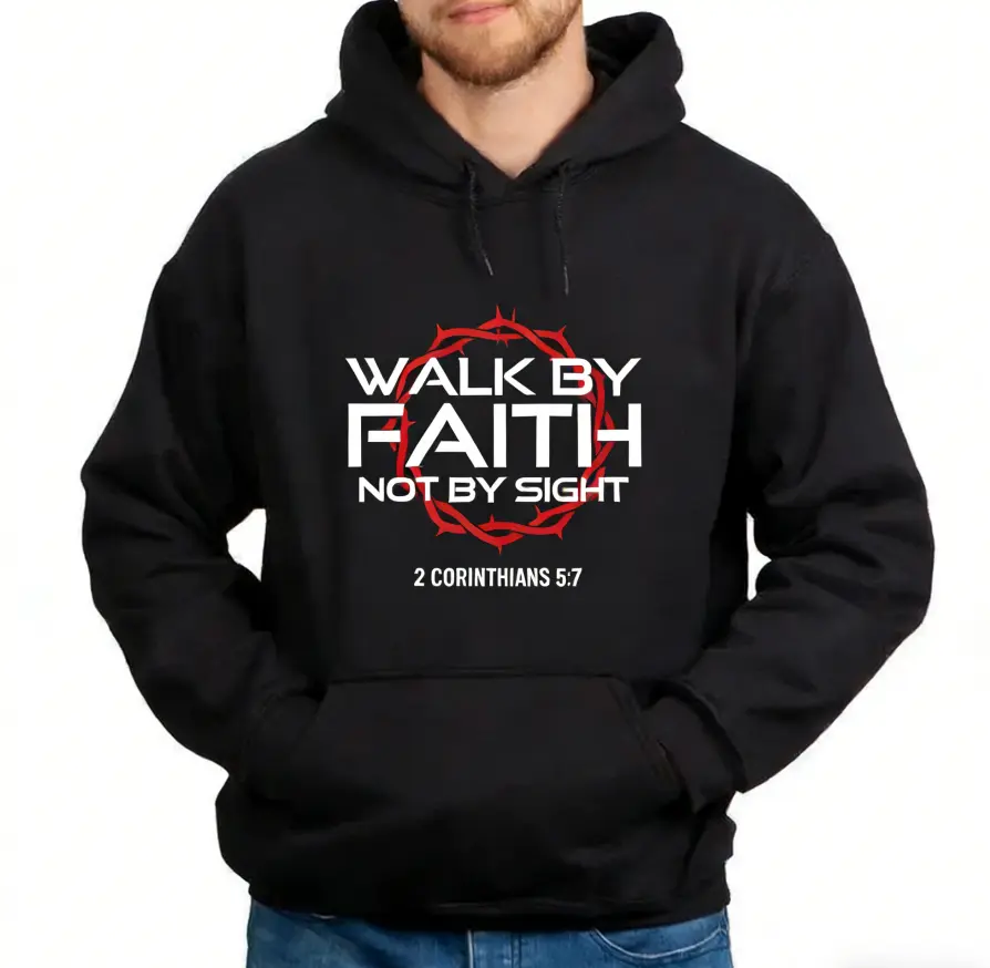 Men’s Faith Inspired Graphic Hoodie, 100% Cotton Blend Pullover Sweatshirt, Street Style Christian Statement Hooded Top for Autumn & Winter