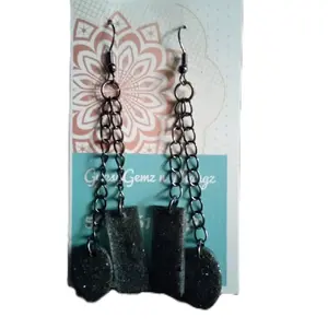 GenaGemz Black Glitter Dangle Earrings with Chain Design and Circular Charms by GenaGemz Jewelry