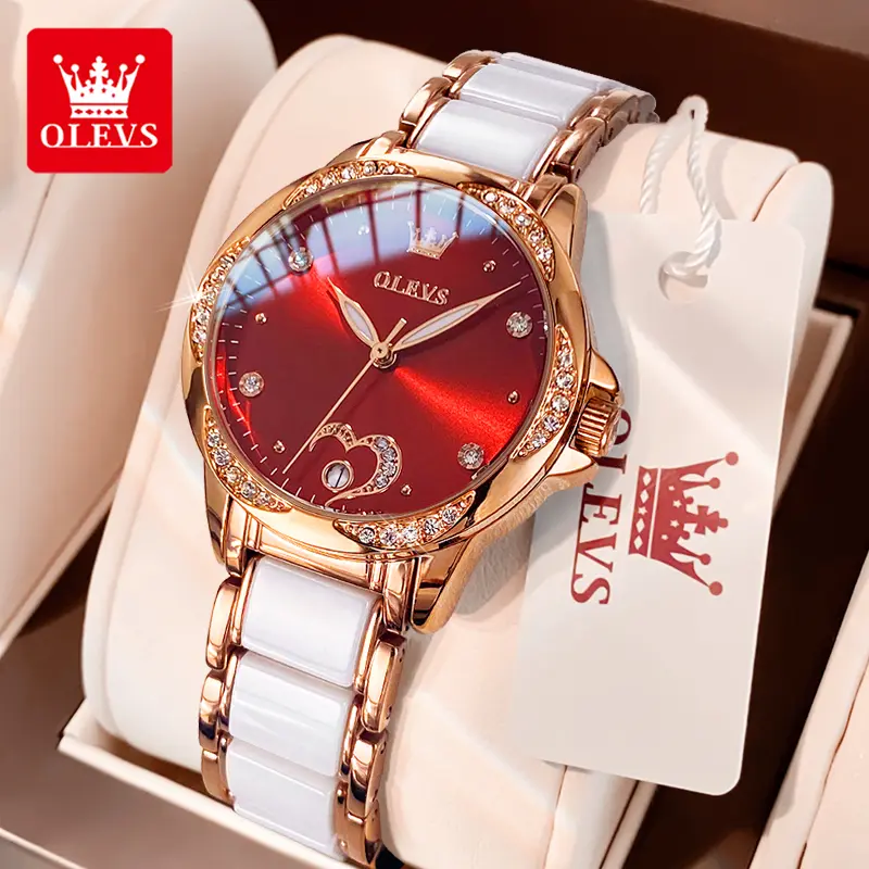 OLEVS Women's Genuine Fully Automatic Luminous Mechanical Analog Watch (Model 6631) - Small Crystal-Covered Mechanical Watch for Women, Round Dial, Self-Winding, Water-Resistant, Ceramic Strap, Non-Fading Stainless Steel, Watches For Women