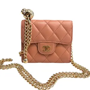 Pre-owned CHANEL Caviar Leather Crossbody Bags Peach Lambskin Leather Classic Compact Trifold Wallet with Added Gold Adjustable Length Chain for Crossbody or Waist Carry
