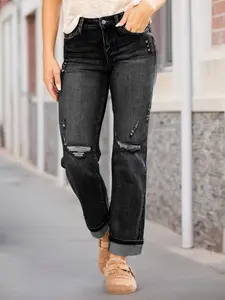Ladies' High-Waisted Jeans with Holes - Casual Straight Leg Cut, Stretchy Fabric, Buttoned Front, Functional Pockets, Comfortable Fit, Trendy & Versatile