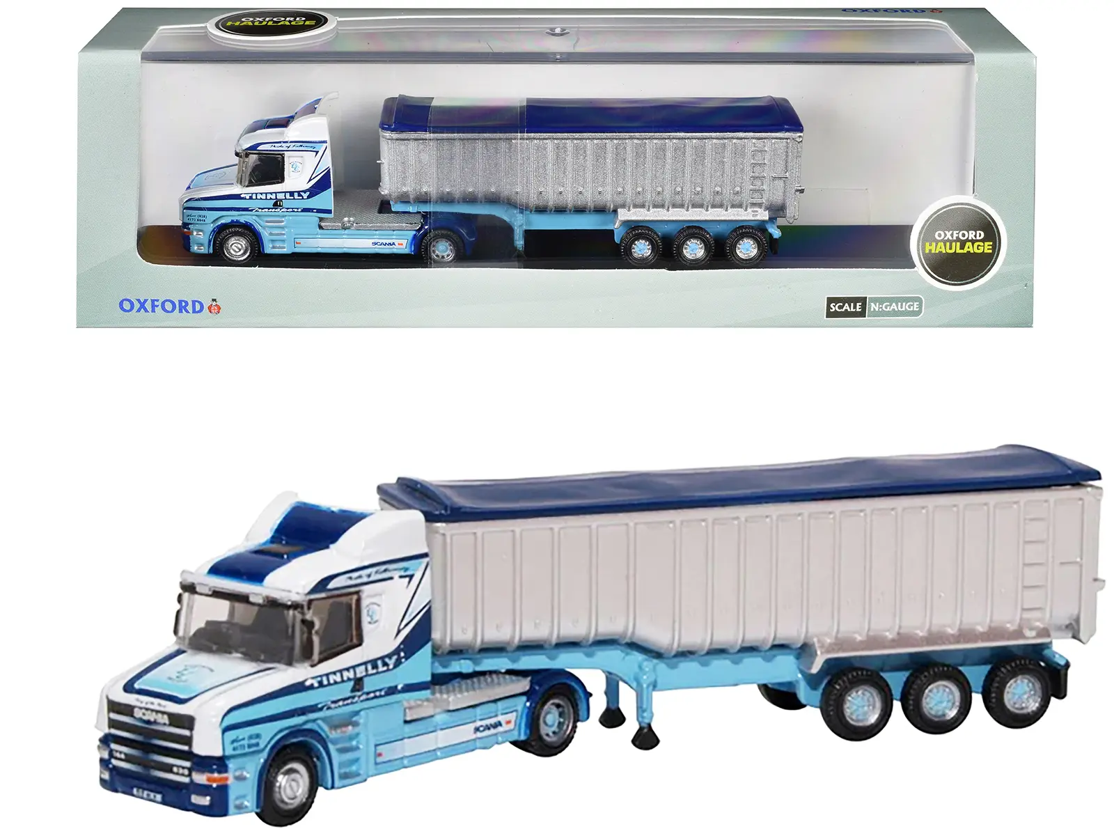 Scania T-Cab Truck RHD w/Covered Trailer "Tinnelly" White with Blue Graphics 1/148 (N) Scale Diecast Model Car by Oxford Diecast