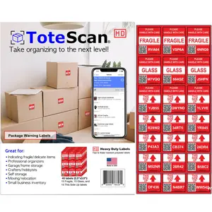 ToteScan HD (Heavy Duty) Warning labels (Fragile, Glass, This Side Up) Intelligent QR Labels for Organization/Moving/Storage (45 Unique Labels, 2.5"x3")