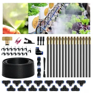 50FT 360? Mist  Drip Irrigation System - Garden Watering Kit with 15 Fine Mist Nozzles, Adjustable Atomizing Sprinkler for Greenhouse, Potted , Raised Beds, Yard, 1/4 inch Hose