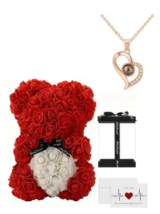 Eternal Flower Rose Bear Necklace, Valentine's Day Birthday Gift, Creative Stall Floral Shop Present, Girlfriend Best Friend Replica Foam Bear