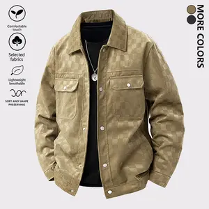 Men's Plaid Casual Lapel Jacket, Trendy Streetwear Loose Breathable Suede Coat with Button Closure, Soft Comfortable Outdoor Sports Jacket, Suitable for Autumn Winter Daily Wear