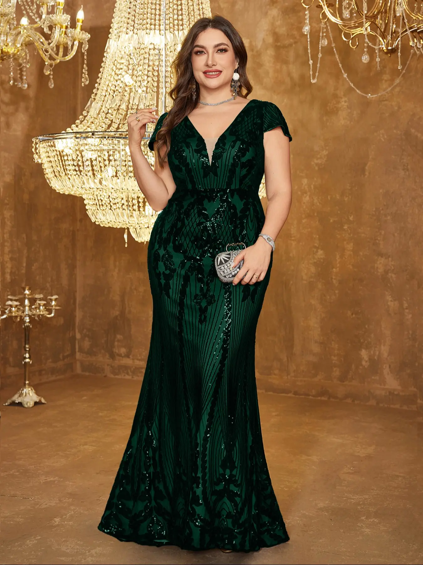 Plus Size Deep V Neck Backless Sequin Formal Wear Party Dress, Drape Formal Dress, Fashion Draped Dress, Elegant Cap Sleeve Evening Gown, Random Cut Design, Perfect for Special Occasions, Dresses For Party, Elegant Party Apparel, Womenswear