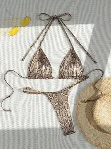 Women's Snakeskin Print Faux Pearls Decor Triangle Swim Bra & Swim Bottom Bikini Set, Casual Fashion Chic Swimwear Set for Beach Holiday Vacation, Ladies Swimsuit for All Seasons triangle bathing top Beach Bikinis