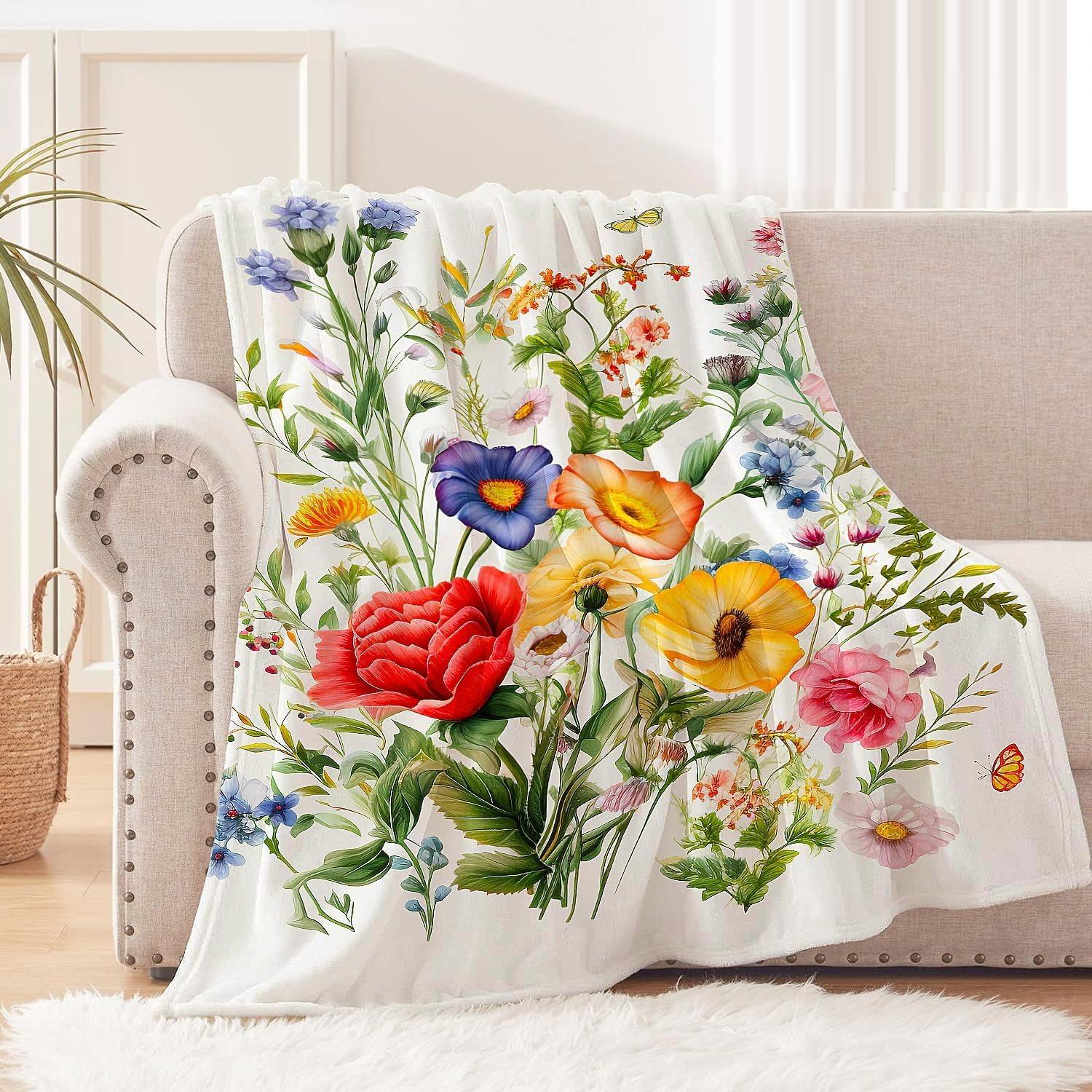 Floral Blanket Vintage Flowers Blankets Butterfly Wildflowers Throw Blanket Soft Cozy Flannel Fleece Throw Blanket Colorful Daisy Plants Bed Blanket for Couch Sofa, 50"×60" Floral Blanket Vintage Flowers Blankets Butterfly Wildflowers Throw Blanket Soft Cozy Flannel Fleece Throw Blanket Colorful Daisy Plants Bed Blanket for Couch Sofa, 50"×60"