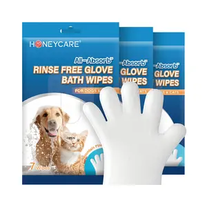 [C] HONEYCARE: High-Absorbency Pet Glove Wipes for All Pets (Dogs & Cats) | Hypoallergenic | Disposable No-Rinse Pet Grooming & Bath Gloves