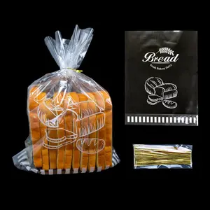 100Pcs Bottom Gusset Bread Loaf Bags with Ties, Clear Printed Cello Cellophane Bags for Homemade Bread or Bakery