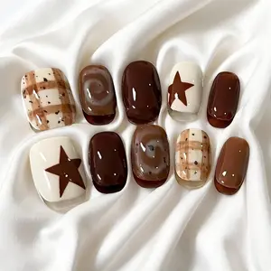 10pcs Press on Nails, Glossy Fake Nails, Coffee Brown Plaid Star Design, Spring Nails Chocolate Checkerboard Handmade False Nails Set, Wedding Party Vacation, Easy to Wear for Parties, Daily & Dancing, Nail Kit