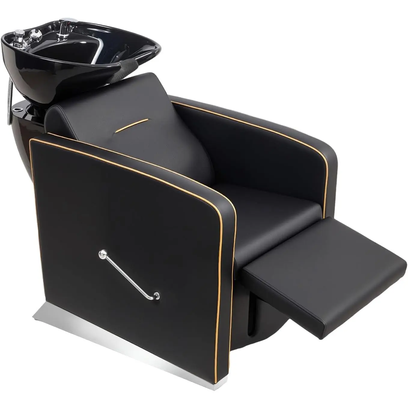 OmySalon Sturdy Wood Sit-Down Salon Backwash Shampoo Unit - Commercial Recliner Chair with Ceramic Bowl, Sprayer, Sink Strainer, Adjustable Footrest, Sponge, Foldable Drain Pipe for Beauty Spa, Barbershop