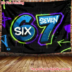 2D Flat Printing 1pc The number 67 in neon graffiti Pattern Printed Durable Decorative Tapestry- Many Sizes to Choose- Living Room,Bedroom,Office,Live Streaming,Party Decoration,Background Tapestry-With Free Hanging Clips