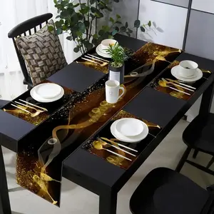 1 piece/5 piece set/7 piece cocktail black and gold design table flag and placemat set, washable for home kitchen, dining room, dressing table, outdoor party, wedding banquet table cloth decoration