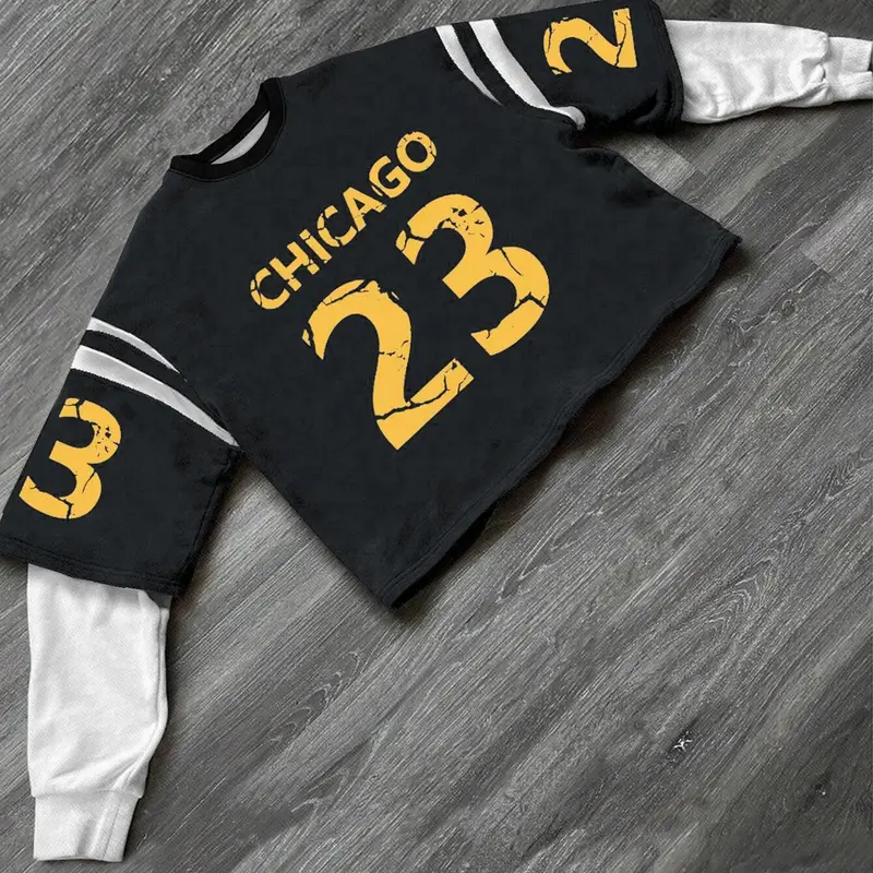 Men's Regular Fit Letter & Number Print 2 in 1 Sweatshirt, Activewear Sweatshirts, Athletic Sports Clothing, Casual Comfy Long Sleeve Pullover for Spring & Fall, Fashion Men's Top for Daily Wear