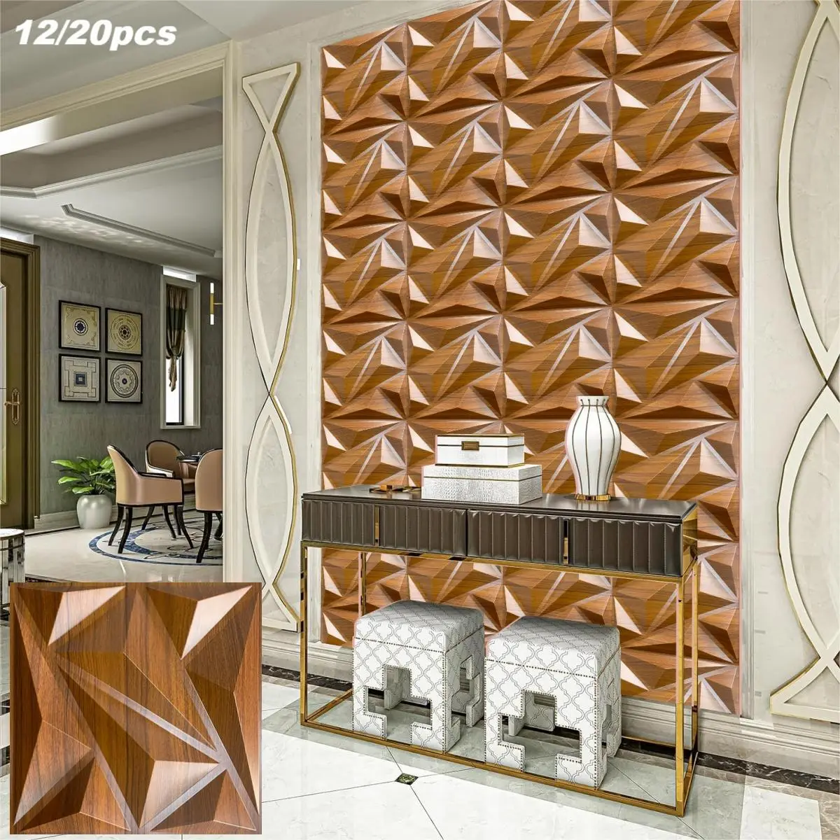 Geometric Pattern Wall Panel, 12/20/30pcs 3D Diamond Pattern Wall Decor with Tape, Waterproof Wallpaper for Indoor Decoration, Living Room, Modern, Ho