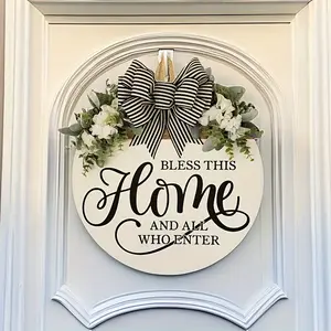 "1pc Charming Wreath Door Hanger - "Bless This Home" Message, Versatile Front Door Decoration, Sweet Home All Season Welcome Sign" Outdoor Decor, Year-Round Decor Ornaments Wooden