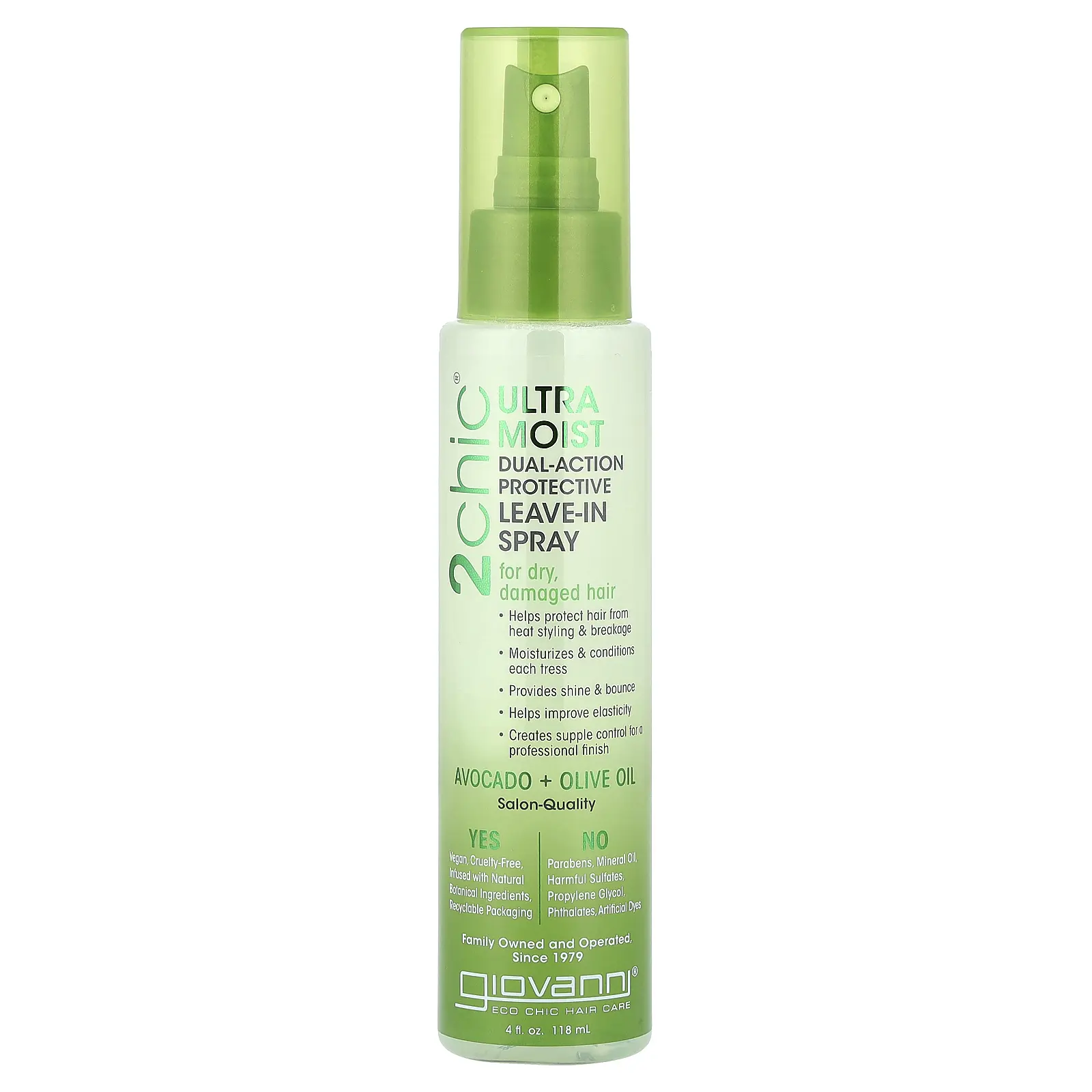 Giovanni 2chic®, Ultra Moist Dual-Action Protective Leave-In Spray, For Dry, Damaged Hair, Avocado + Olive Oil, 4 fl oz (118 ml)